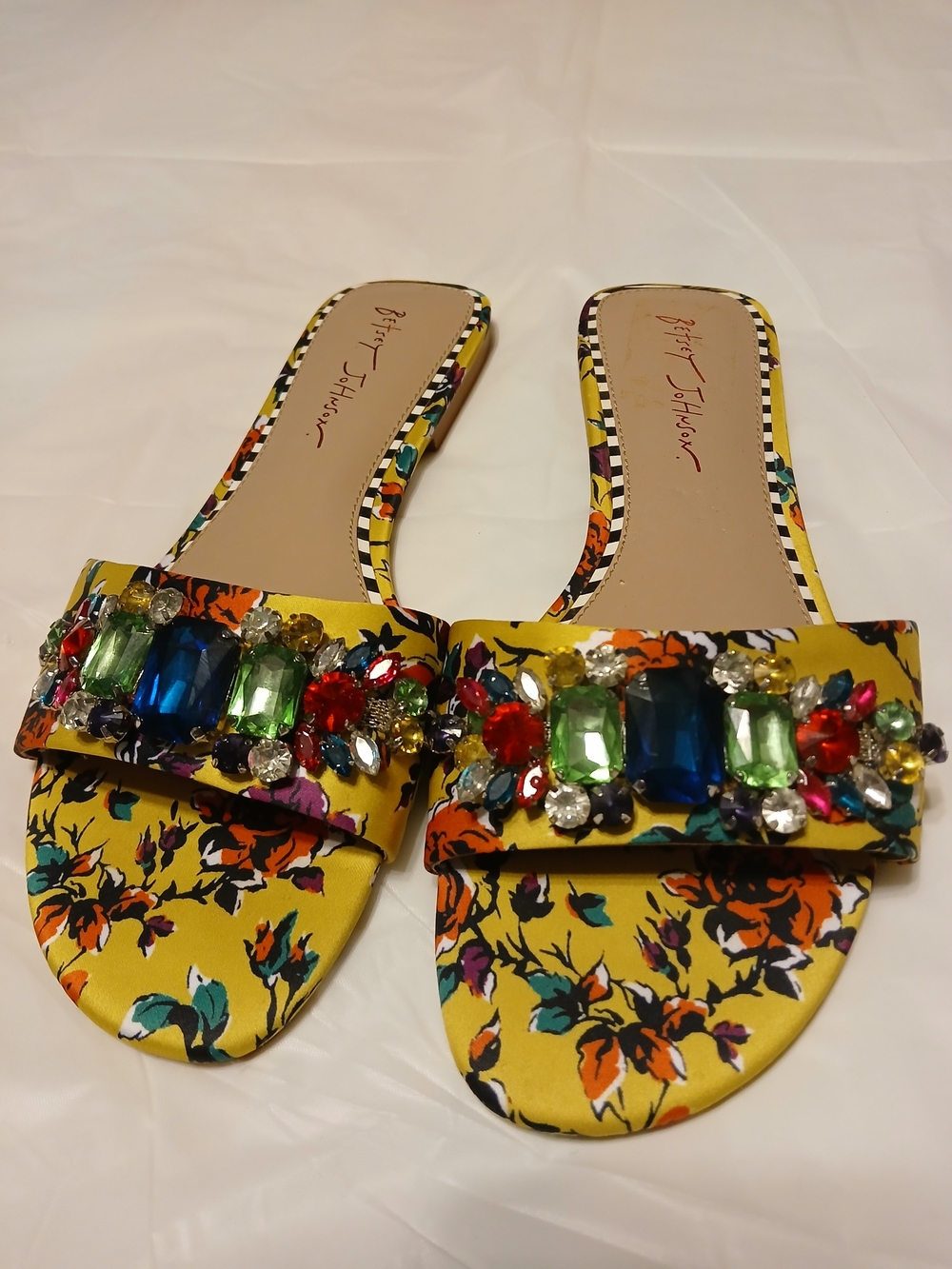 Betsey Johnson Yellow Floral Jeweled Slide Sandals